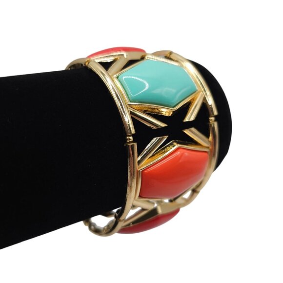 Boho Modern Chic Stmt GoldTone Red/Yellow/Aqua Gem Geometric Bangle Bracelet - Picture 3 of 13